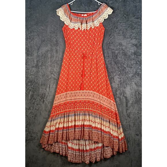 Nightcap Clothing Maxi Dress Women Small Red Off Shoulder Lace Ruffle Festival - Picture 6 of 7